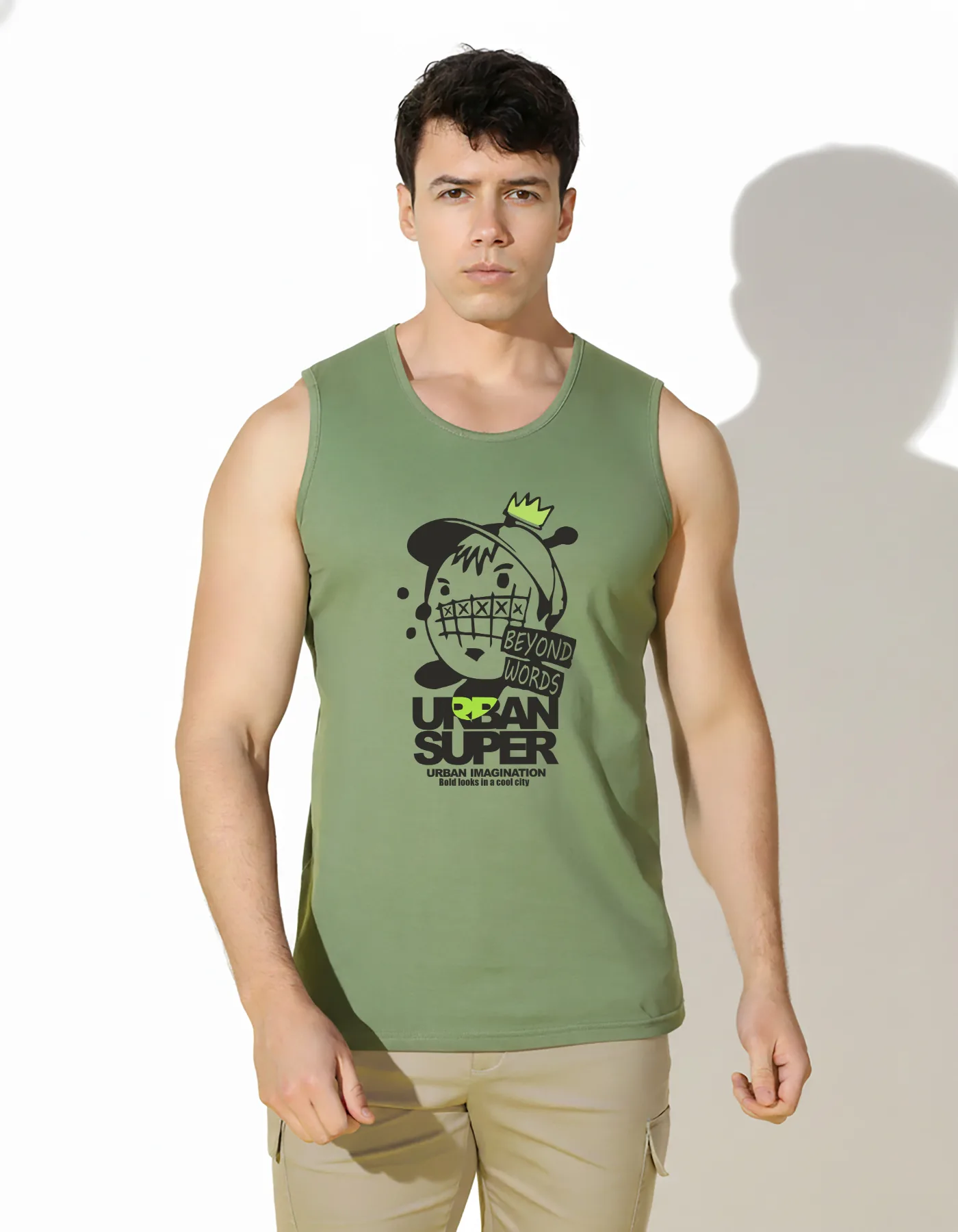 SLOWLORIS Urban Super Beyond Words Graphic Sleeveless Tank Top for Men | Streetwear Urban Imagination Printed Vest | Premium Cotton Gym Wear LIGHTGREEN