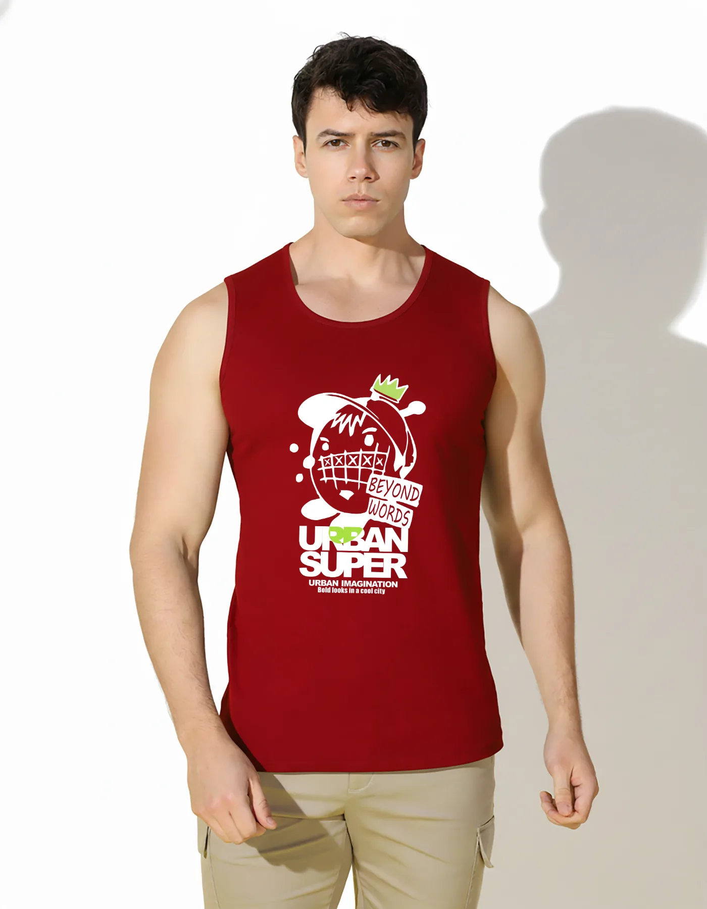 SLOWLORIS Urban Super Beyond Words Graphic Sleeveless Tank Top for Men | Streetwear Urban Imagination Printed Vest | Premium Cotton Gym Wear MAROON