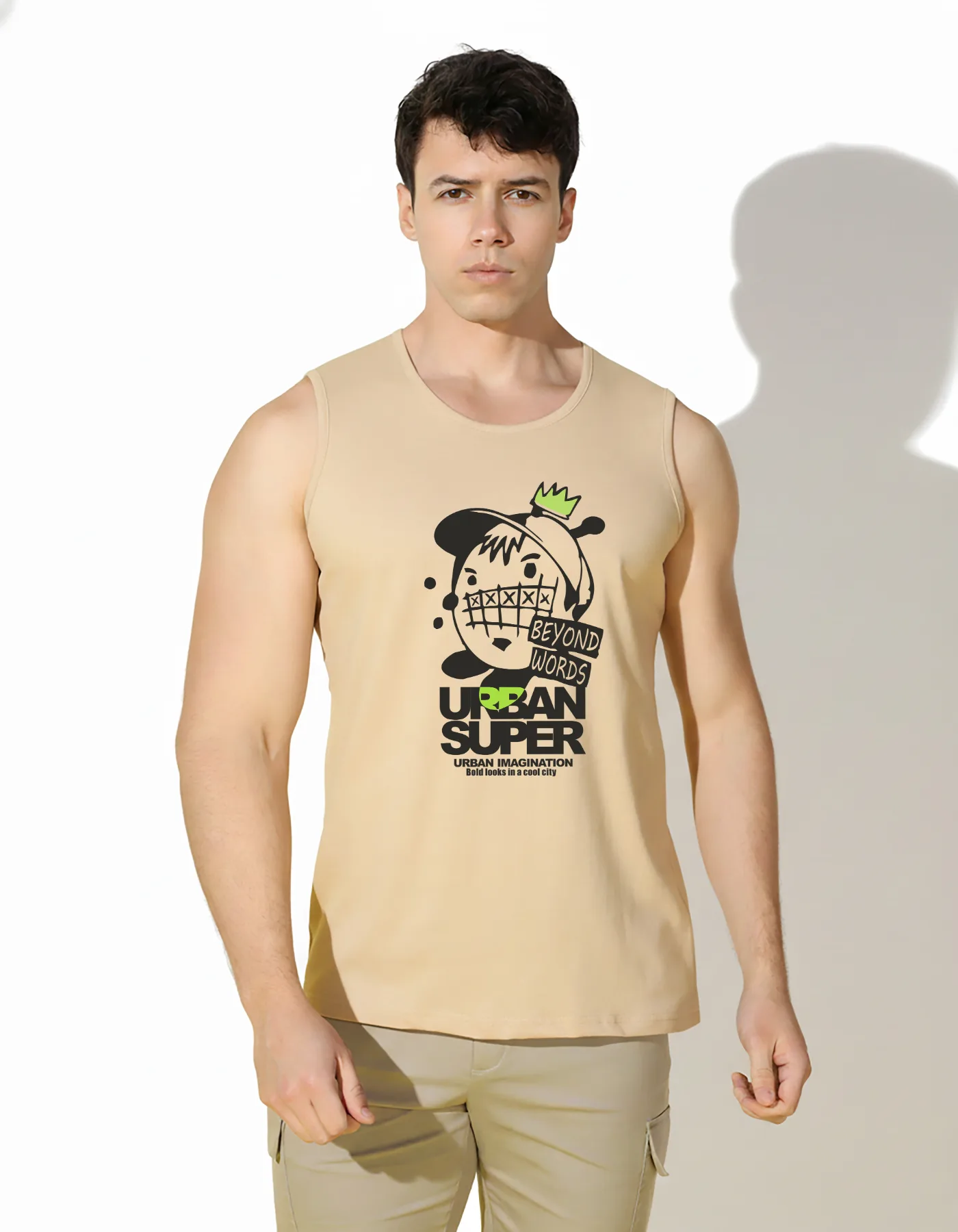 SLOWLORIS Urban Super Beyond Words Graphic Sleeveless Tank Top for Men | Streetwear Urban Imagination Printed Vest | Premium Cotton Gym Wear